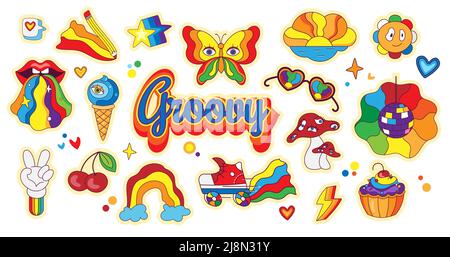 Psychedelische Retro-Sticker im Cartoon-Stil. Set aus Retro-Elementen im funkigen Hippie-Stil. Regenbogen, Pilze, Augen, Diskokugel. Vektorgrafik Stock Vektor