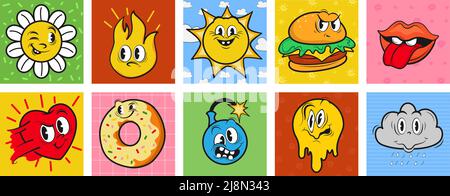 Cartoon lustige Retro-Figuren, quadratische Aufkleber. Donut, Burger, Herz mit lustigen Gesichtern. Vektor-Set von abstrakten Comic-Formen für Poster, Postkarte Stock Vektor