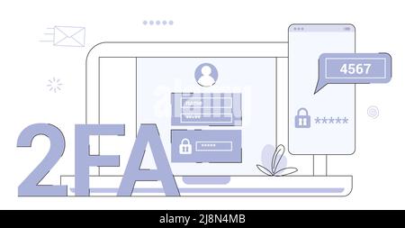 2FA zwei-Faktor-Authentifizierung Passwort sichere Benachrichtigung Login-Verifizierungscode Hinweis mit Code zur Anmeldung in zwei Schritten Faktorüberprüfung über Laptop und Stock Vektor