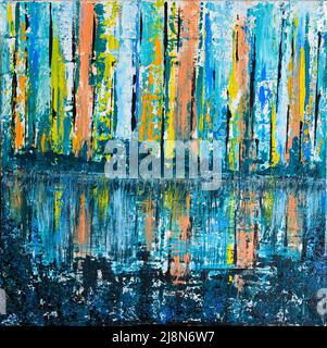 Abstrakte Acrylmalerei auf quadratischer Leinwand mit Palettenmesser Streifen in blau gelb orange Teich Reflexionen gemacht Stockfoto