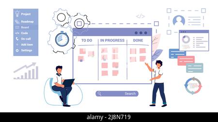 Scrum Task Board Agile Organisator mit Menschen kleben Papiere auf es Analyse Prozess der Software-Entwicklung flache Stil isolierte Vektor-Illustration W Stock Vektor