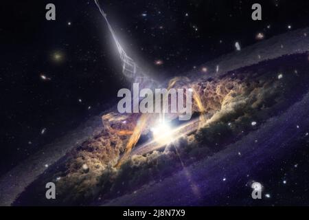 Geheimnisvolle schwarze Loch-Schöpfung, Energieausbruch im fernen Raum. Sci Fi-Hintergrund. Elemente dieses Bildes, die von der NASA eingerichtet wurden. Stockfoto