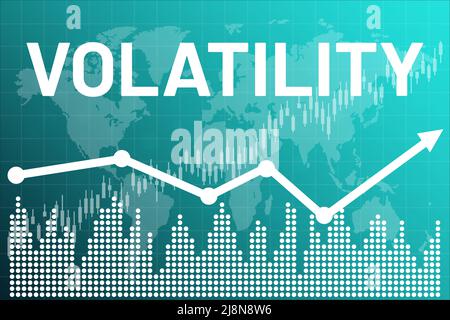 Hochwertiger Index-Volatilitätsgraph auf cian Finance Hintergrund mit Spalten, Pfeil und Text. Globaler Aufwärtstrend Stock Vektor