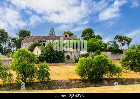 Altes verlassene Steinhaus in Katalonien, umgeben von einer Wiese und Bäumen Stockfoto