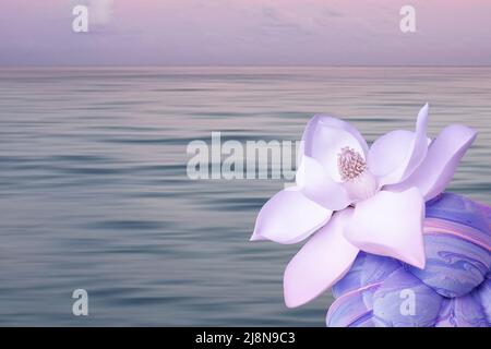 Wunderschöne Lotusblume Symbol von Zen und Yoga vor dem Hintergrund eines ruhigen Meeres in lila rosa Tönen Stockfoto