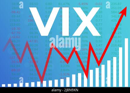 VIX-Grafik mit hohem Wert für Indexvolatilität auf blauem Finanzhintergrund mit Spalten, Pfeil und Text. Globaler Aufwärtstrend Stock Vektor