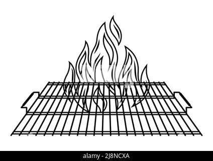 Abbildung des Stahlgrills mit Feuer. Stilisierte bbq Küche und Restaurant Utensil. Stock Vektor