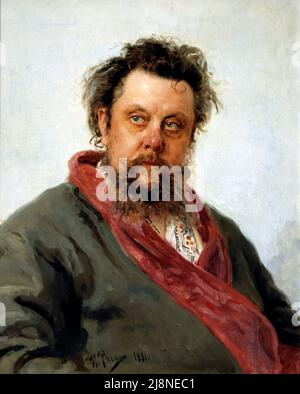 Ilya Repin. Gemälde mit dem Titel „Portrait of M. P. Musorgsky“ von der in der Ukraine geborenen russischen Künstlerin Ilja Jefimowitsch Repin (1844-1930), Öl auf Leinwand, 1881 Stockfoto