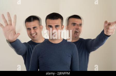 Porträt eines Mannes mit Baum verschiedene emotionale Gesichtsausdrücke als Symbol für sofortige Persönlichkeitsverschiebungen. Konzept von bipolar und borderline. Stockfoto