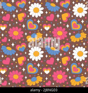 Nahtloses Muster mit Retro-Gänseblümchen mit Herzen. Stock Vektor