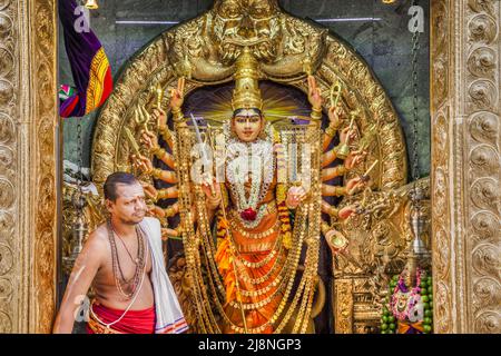 Sri Veeramakaliamman Temple, Little India, Singapur, Priester neben Kali, Credit:ROBIN BUSH / Avalon Stockfoto