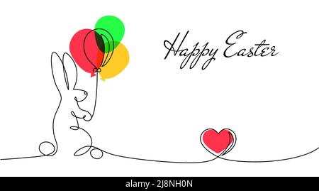 Osterhase kontinuierliche eine Linie Zeichnung Bunny minimalistischen Kontur Illustration für Frühjahr Design Concept Card Line Art Style. Niedliches Kaninchen mit Air bal Stock Vektor