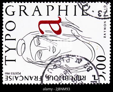 MOSKAU, RUSSLAND - 14. MAI 2022: In Frankreich gedruckte Briefmarke zeigt Typografie: Zeichnung Raymond GID, Serie, um 1986 Stockfoto