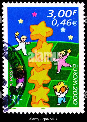 MOSKAU, RUSSLAND - 14. MAI 2022: In Frankreich gedruckte Briefmarke zeigt Tower of Stars, Europa (C.E.P.T.) 2000 Serie, um 2000 Stockfoto