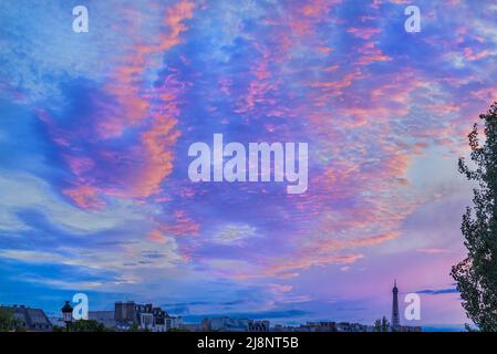 Die Dächer des Gebäudes befinden sich auf dem linken Ufer und der Eiffelturm bei Sonnenuntergang, vom Quai François Mitterrand aus gesehen. Stockfoto