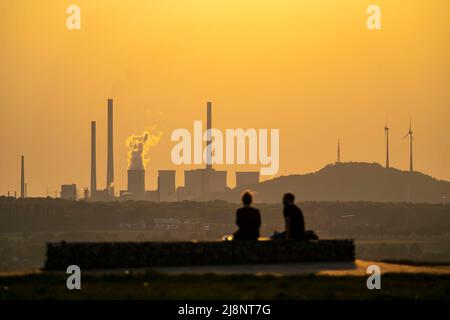 Abendstimmung auf dem Hoheward-Schlammhaufen, dem größten Abraumhaufen im Ruhrgebiet, zwischen Herten und Recklinghausen, mit der Scholven-Power-st Stockfoto