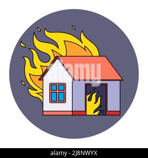 Brennendes Privathaus. Das Gebäude wurde durch Feuer zerstört. Flache Vektorgrafik. Stock Vektor