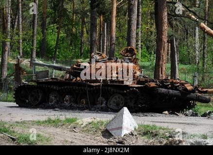 Ein zerstörter Panzer der russischen Armee, der im Dorf Mykolaivka in der Region Kiew gesehen wurde. Russland marschierte am 24. Februar 2022 in die Ukraine ein und löste damit den größten militärischen Angriff in Europa seit dem Zweiten Weltkrieg aus Stockfoto