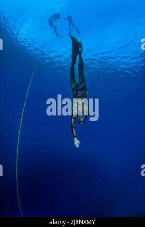 Freitauchtraining mit einer Leine im offenen Meer Stockfoto