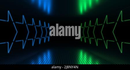 Zeiger Auf Den Grünen Pfeil In Neonblau. Leuchtende LED-Lichter in Reflexionen in einer großen dunklen futuristischen Bühne.3D Rendering Illustration. Stockfoto