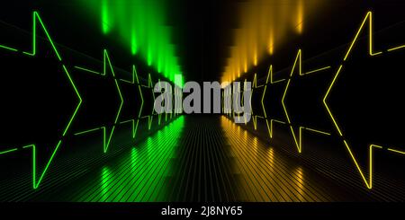 Grüne und gelbe Lichter im dunklen, leeren, reflektierenden Raumhintergrund. Leuchtende Neonpfeile. Cyber-futuristische Bühne. 3D Rendering-Illustration Stockfoto