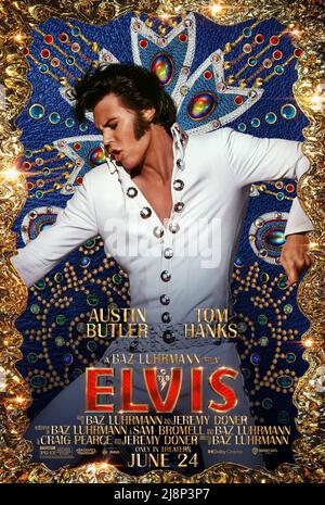 VERÖFFENTLICHUNGSDATUM: 24. Juni 2022. TITEL: Elvis. STUDIO: Roadshow Unterhaltung. REGIE: BAZ Luhrmann. HANDLUNG: Ein Blick auf das Leben des legendären Rock and Roll-Stars Elvis Presley. MIT Austin BUTLER als Elvis-Poster. (Kreditbild: © Roadshow Entertainment/Entertainment Picturs) Stockfoto