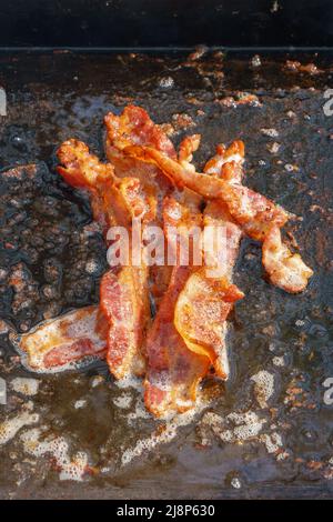 Speck, der auf einem Campinggrill im Freien in Fett gebraten wird. Die Stücke werden in der Mitte zusammengeschichtet. Stockfoto