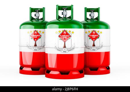 Äquatoguineaflagge auf den Propangasflaschen mit komprimiertem Gas, 3D isoliert auf weißem Hintergrund Stockfoto
