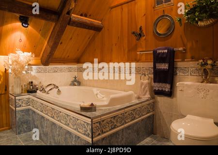 Rustikales schickes Badezimmer mit ummantelter Badewanne im Obergeschoss im alten, ca. 1740 Jahre alten Haus im kanadischen Cottage-Stil. Stockfoto