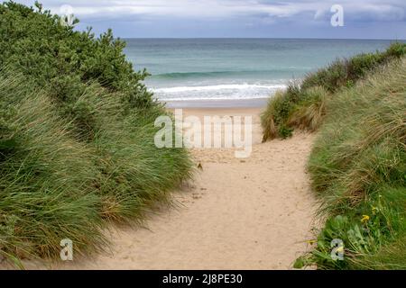 12. Mai 2022 Sanddünen und der Strand von Port Ballintrae an der malerischen North East Causeway Coast in Nordirland in der Grafschaft Antrim Stockfoto