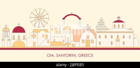 Cartoon Skyline Panorama von Dorf Oia, Santorini, Kykladen Inseln, Griechenland - Vektor-Illustration Stock Vektor