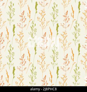 Nahtloses Muster aus Silhouetten mit botanischen Elementen. Wildpflanzen. Handgezeichnetes florales Vintage Vektor-Nahtloses Muster. Stock Vektor