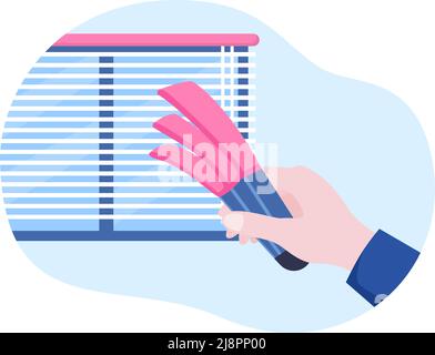 Mini Jalousien Service Fenster und Vorhänge Behandlung mit verschiedenen Reinigungswerkzeugen oder Home Interiors in Flat Cartoon Illustration Stock Vektor