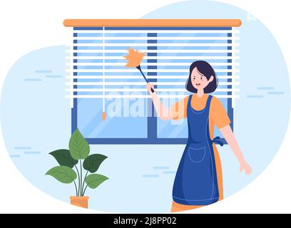 Mini Jalousien Service Fenster und Vorhänge Behandlung mit verschiedenen Reinigungswerkzeugen oder Home Interiors in Flat Cartoon Illustration Stock Vektor