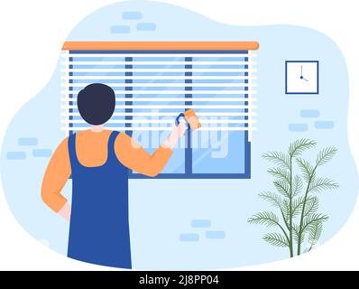 Mini Jalousien Service Fenster und Vorhänge Behandlung mit verschiedenen Reinigungswerkzeugen oder Home Interiors in Flat Cartoon Illustration Stock Vektor