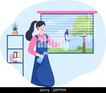 Mini Jalousien Service Fenster und Vorhänge Behandlung mit verschiedenen Reinigungswerkzeugen oder Home Interiors in Flat Cartoon Illustration Stock Vektor