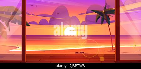 Bungalow mit Holzterrasse am tropischen Sandstrand am Meer bei Sonnenuntergang. Vektor-Cartoon-Illustration der Dämmerung Sommer Ozean Küste Landschaft mit Palmen und Haus Terrasse mit Glastüren Stock Vektor
