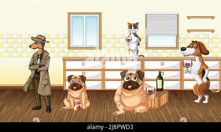 Im Haus Szene mit Hunden trinken Wein Illustration Stock Vektor