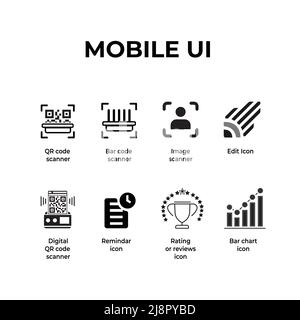 Mobile UI Icons Kit für Scanner-Anwendung mit QR-Code, Bildscanner, Erinnerung, Review und Kartensymbol Stock Vektor