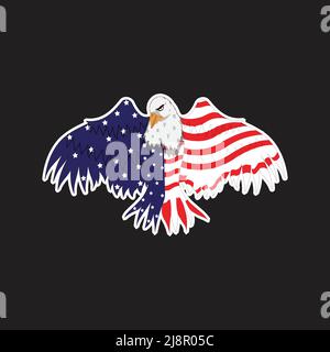 Sticker Style Fly Eagle In American Flag Color Auf Schwarzem Hintergrund. Stock Vektor