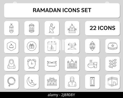 22 Symbol Für Schwarzen Ramadan-Stroke Auf Weißem Und Grauem Hintergrund. Stock Vektor