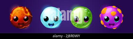 Lustige Fantasy-Runde Monster für Spiel-Schnittstelle. Vektor-Cartoon-Symbole Satz von niedlichen Ball-Charaktere mit Textur aus grünem Gelee, Süßigkeiten, Eis und heißem Mamm Stock Vektor