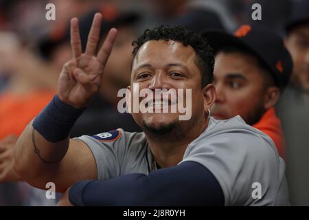 St. Petersburg, Florida. USA; Detroit Tigers, die Miguel Cabrera (24) geschlagen haben, lächelten im Dugout während eines Baseballspiels der Major League wieder Stockfoto