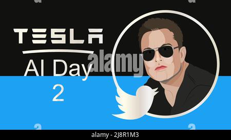 Am 18. Mai 2022 gab Elon Musk auf seinem Twitter-Account das Datum des berühmten Tesla AI Day bekannt. Illustration Porträt von Elon Musk Stock Vektor