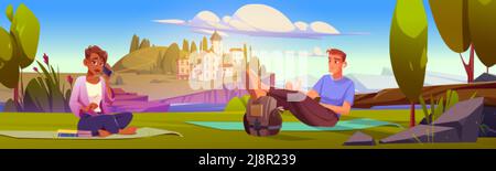 Leute, die Picknick an der Küste mit der Stadt auf der Insel machen. Vektor-Cartoon-Illustration des Sommers mediterrane Landschaft mit Mädchen und Mann auf Matten sitzen Stock Vektor