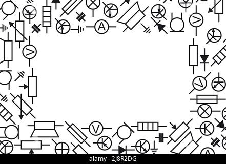 Funkkomponente. Rahmenbild. Widerstand, Transistor, Diode und Kondensator. Funkelektronik. Symbolische Bezeichnung. Isoliert auf weißem Hintergrund Stock Vektor