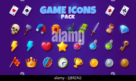 Spiel-Symbole Pack mit Symbolen von Schlüssel, Spielkarten, Uhr, Geld, Geschenkbox und Diamant. Vector Cartoon Satz von Zeichen und Vermögenswerte für rpg-Computer oder Mob Stock Vektor