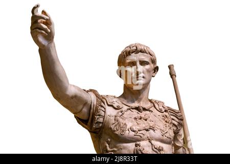 Kaiser Augustus, der erste Kaiser des antiken Roms. Bronze monumentale Statue im Zentrum von Rom isoliert auf weißem Hintergrund Stockfoto