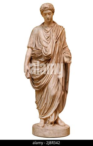 Junge römische Kaiser Commodus Statue isoliert auf weißem Hintergrund. Lucius Aurelius Commodus Regierungszeit wird allgemein als das Ende der markiert Stockfoto