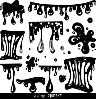 Schleimsatz. Schleimrahmen, bemalte Elemente im Doodle-Stil. Schwarze Schleimspritzer, dehnender Schleim, giftig tropfender Schleim. Schleimspritzer und Tröpfchen, l Stock Vektor